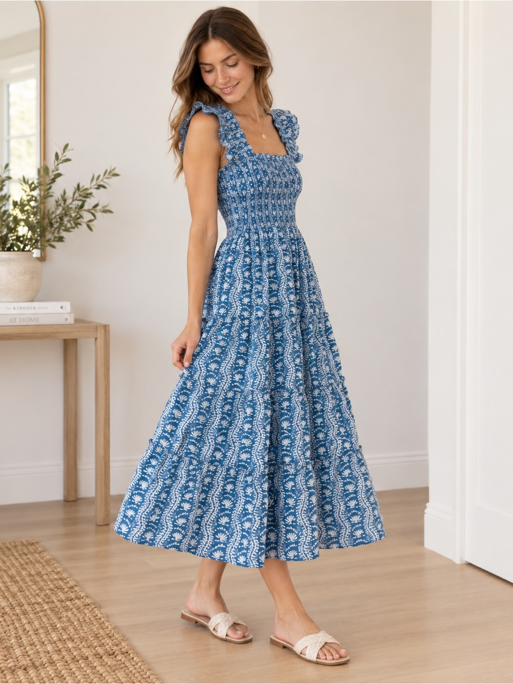 Hill House Home Ellie Nap Dress Blue White Botanical Smocked Midi Dress